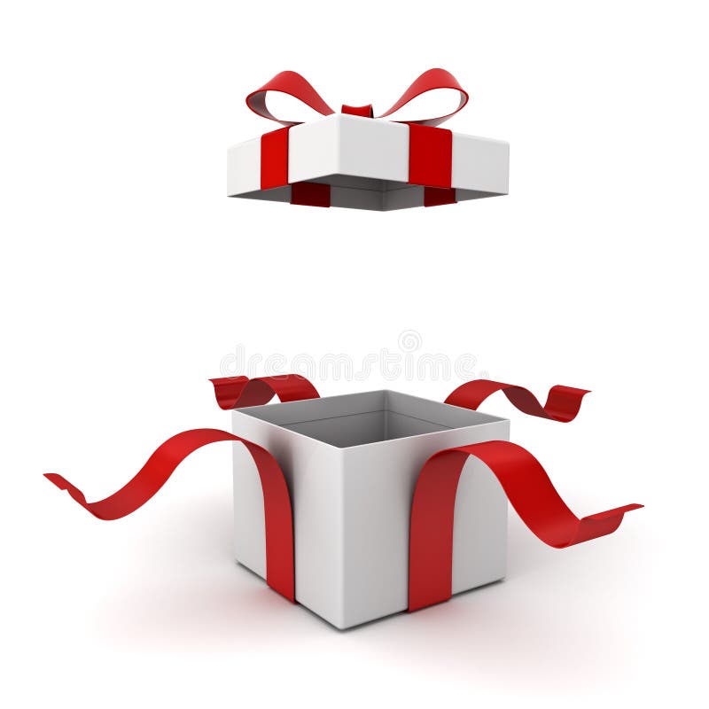 Open gift box present box with red ribbon bow isolated on white background