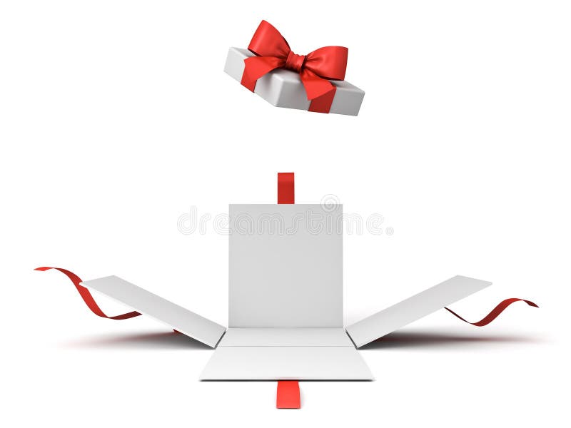 Open Gift Box or Present Box with Red Ribbon Bow on White Background