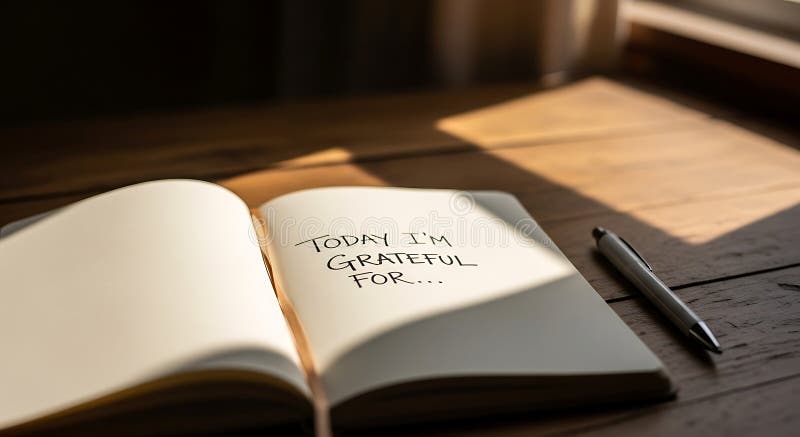 Open Gratitude Journal with Pen on Wooden Table in Soft Natural ...