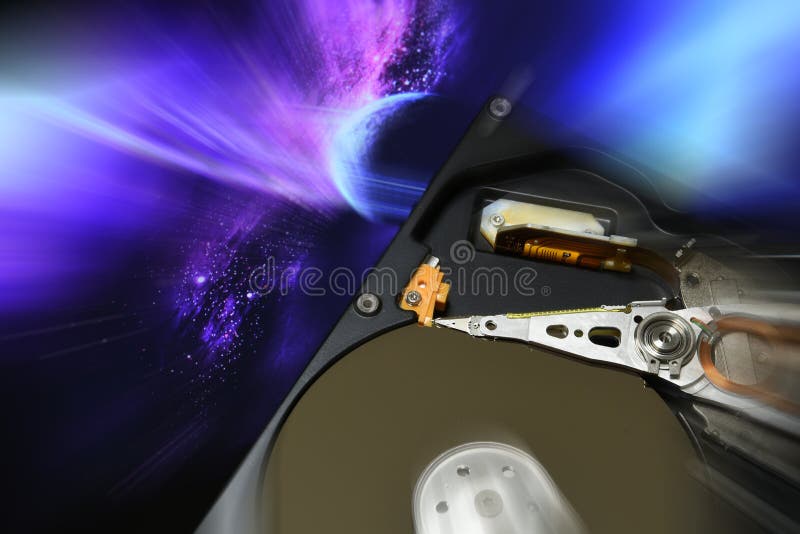 Open hard disk drive of computer, with postproduction effects. stock images