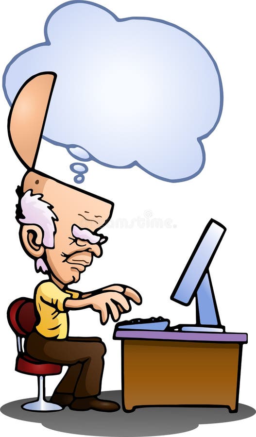 Open head when using computer on isolated white stock illustration