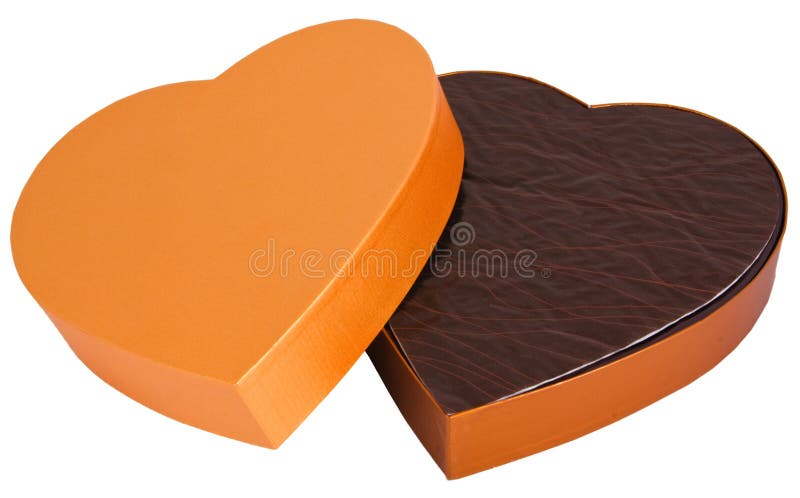 Open heart shaped golden chocolate box isolated
