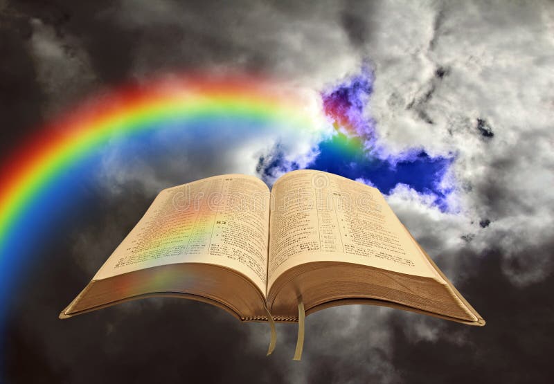 Concept photo of open holy bible word of god with beautiful rainbow emerging from stormy sky clouds. Concept photo of open holy bible word of god with beautiful rainbow emerging from stormy sky clouds.
