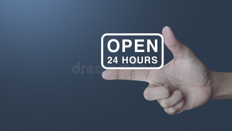 Open 24 hours flat icon on finger over light blue background, Business full time service concept stock footage