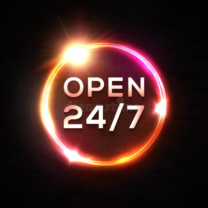 Open 24 7 hours Neon Sign. Glowing circle frame. royalty free illustration