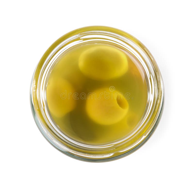 Open Jar with Pickled Green Olives on Background, Top View Stock Photo