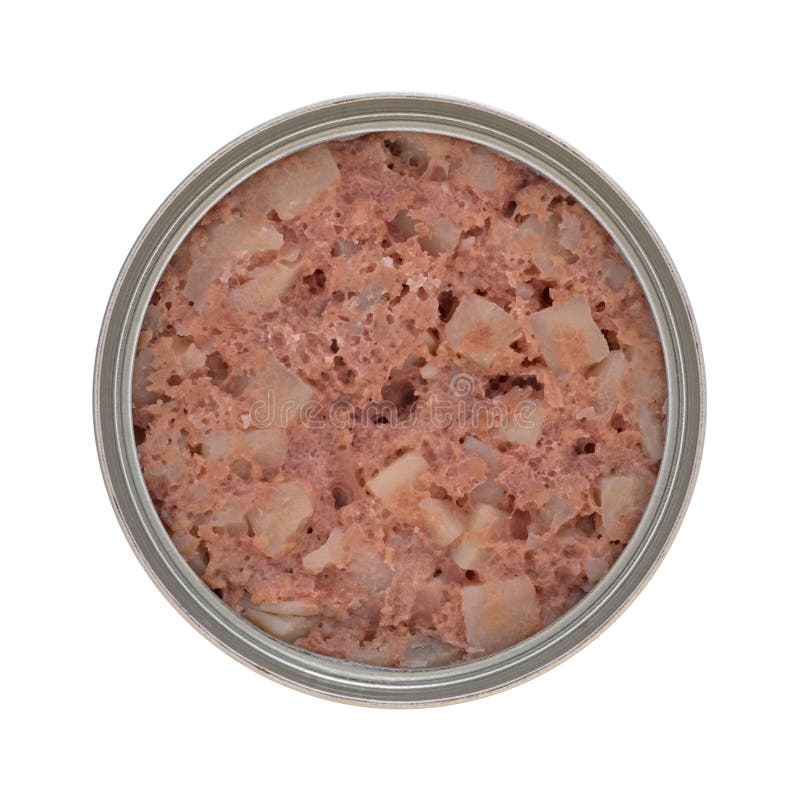 Open kan van cornedbeef op een witte achtergrond hakken royalty-vrije stock foto Open kan van cornedbeef op een witte achtergrond hakken royalty-vrije stock foto
