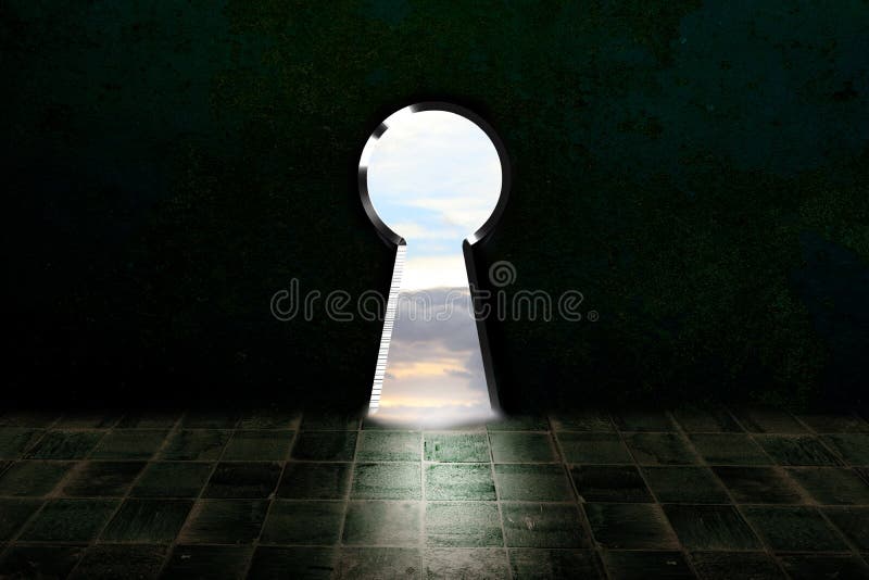 Open Key Hole in Dark Room, Light through the Opened Keyhole Stock