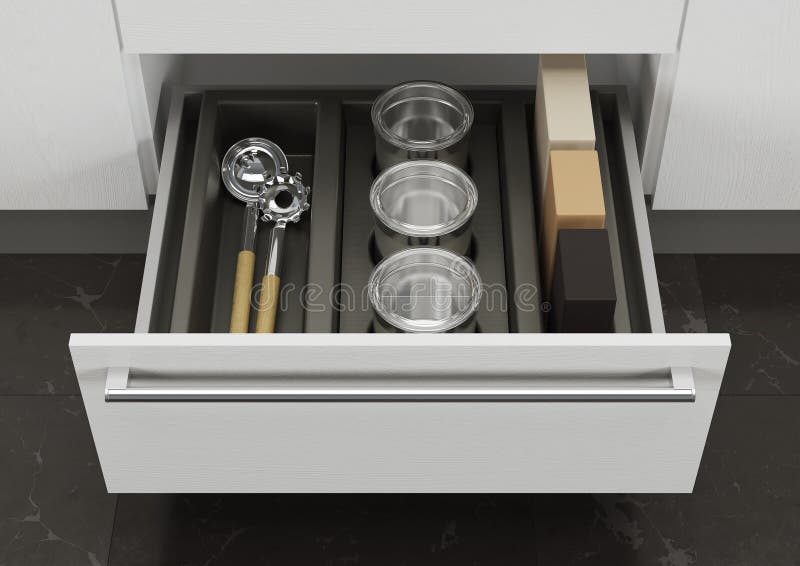 Open Kitchen Drawer with Cooking Utensils. Storage and Organization of