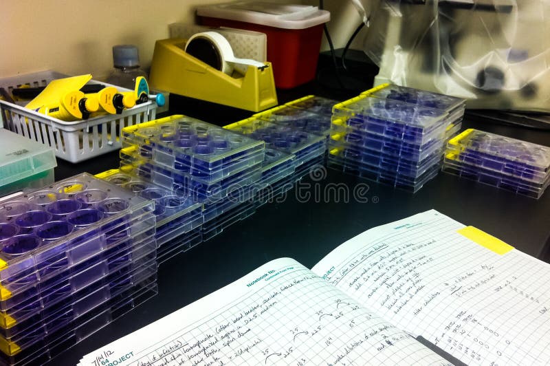 Open Lab notebook with Tissue culture plates in background