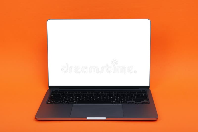 Open Laptop with Blank Screen and Cup of Drink on Orange Background