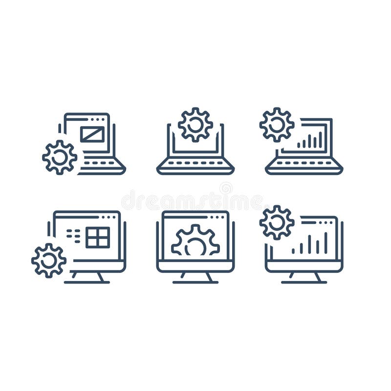 Open laptop and cogwheel, computer monitor, software development, repair and installment royalty free illustration