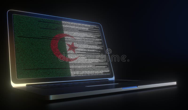 Open laptop and computer code on the screen composing flag of Algeria. Modern information technology related 3d stock illustration