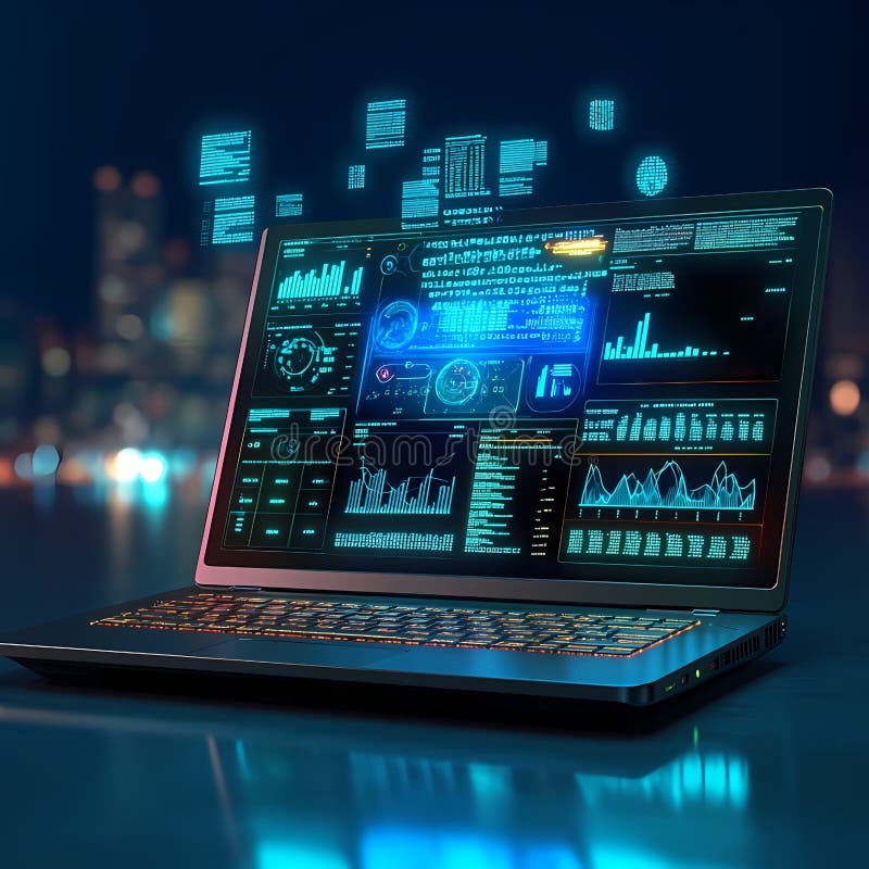Laptop showing futuristic user interface with graphs and data analysis at night royalty free stock image