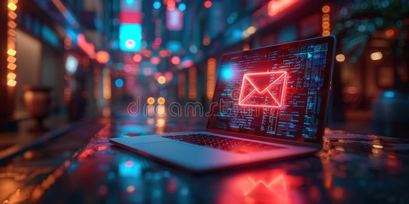 Laptop with Neon Email Icon in Urban Night stock image