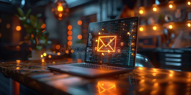 Laptop with Neon Email Icon in Urban Night royalty free stock photography