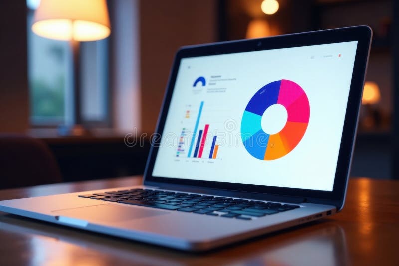 Open laptop displaying vibrant pie chart on bright screen, data, modern stock illustration