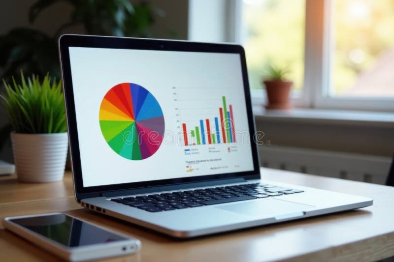Open laptop displaying vibrant pie chart on bright screen, graph, statistics, vibrant royalty free illustration