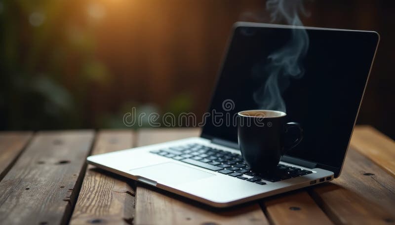 Open laptop, steaming coffee, weathered wood surface, cozy, computer stock illustration