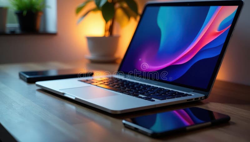 Open laptop, tablet, smartphone close up Tech devices arranged neatly , app, keyboard, workspace royalty free illustration