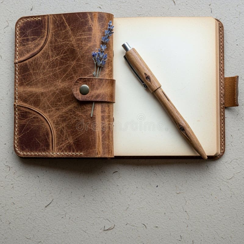 Open leather-bound notebook with aged brown cover fastened by a strap and stud. royalty free illustration