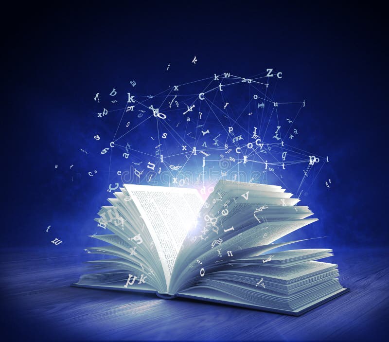 Open Magic Book with magic light and flying letters vector illustration Open Magic Book with magic light and flying letters vector illustration
