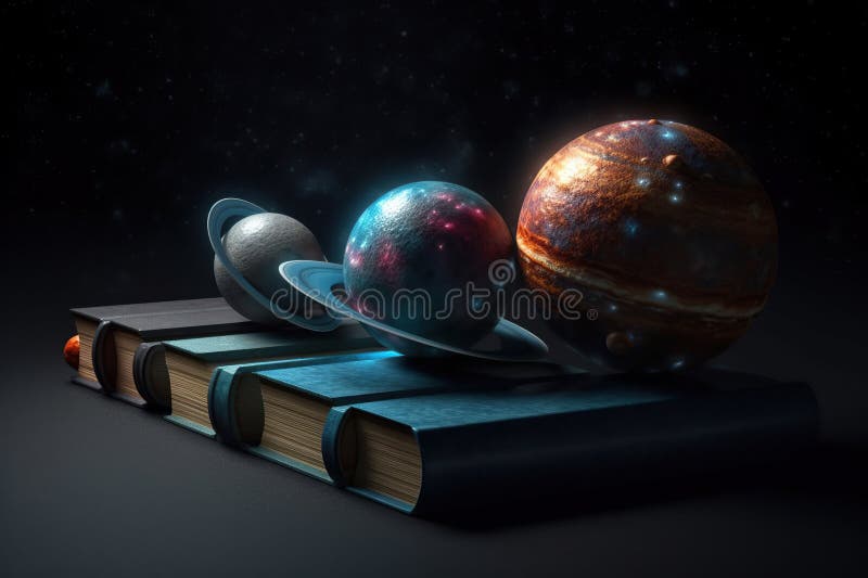 Open magic book with planets and galaxies levitation on black background. stock illustration