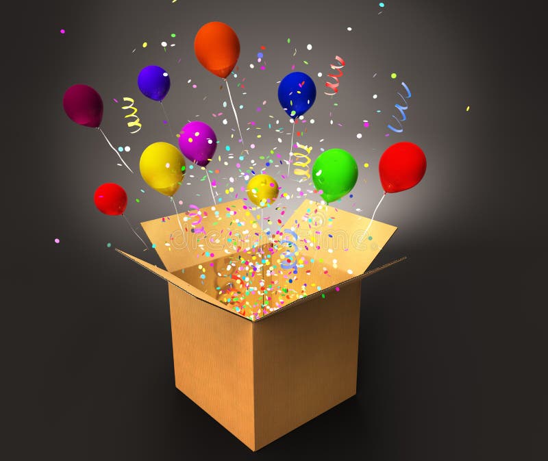Open magic box with confetti and colorful balloons stock illustration