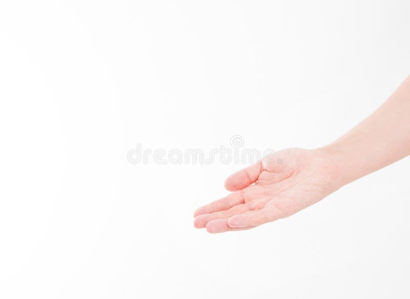 Open man hand hold something, isolated on white, man`s palm making gesture while showing small amount of something on white stock photos