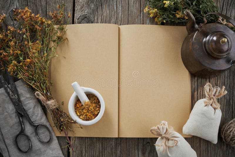 Open medical recipe book; Hypericum bunch; mortar and vintage teapot. Top view. royalty free stock photos Open medical recipe book; Hypericum bunch; mortar and vintage teapot. Top view. royalty free stock photos