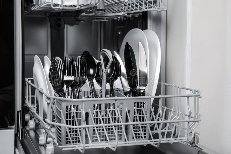 449 Open Modern Dishwasher Clean Tableware Closeup Stock Photos Free