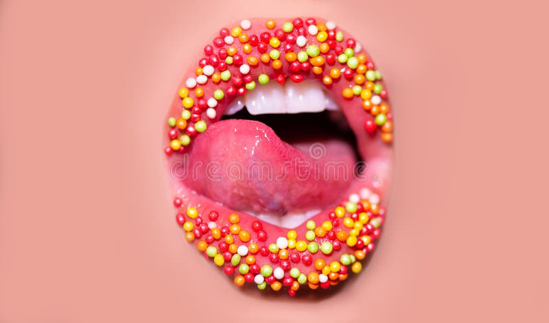 Open mouth with red female lips and tongue. Woman sweets icon on pink skin background. Facial expression royalty free stock images Open mouth with red female lips and tongue. Woman sweets icon on pink skin background. Facial expression royalty free stock images