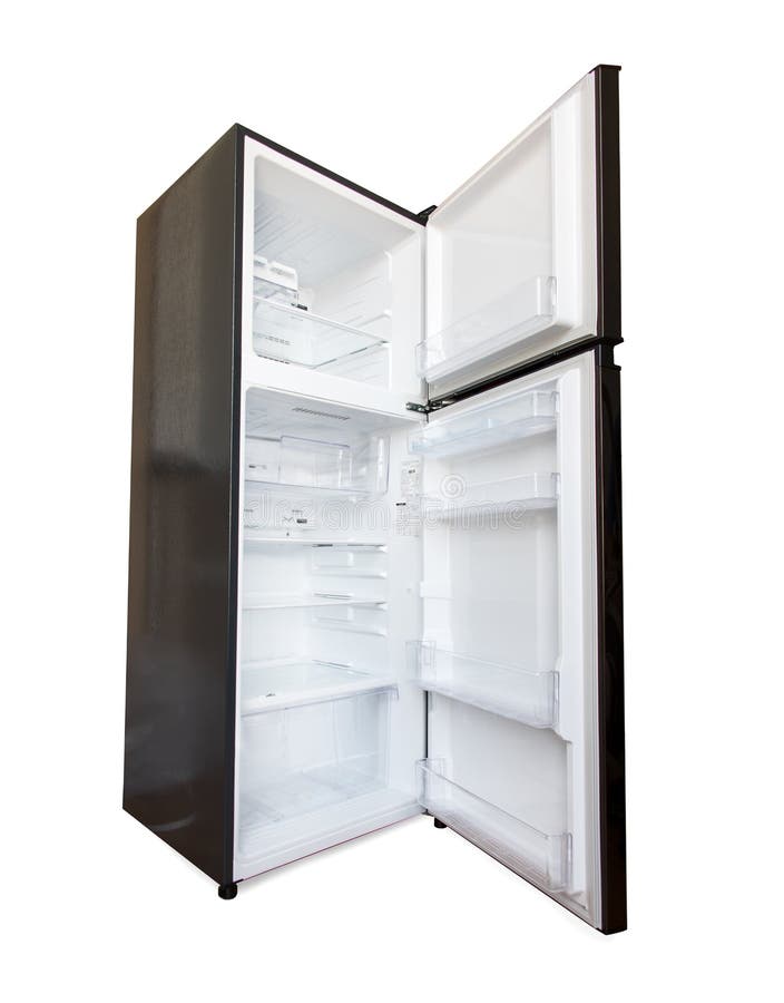 The open new fridge isolated on a white background. stock photos The open new fridge isolated on a white background. stock photos