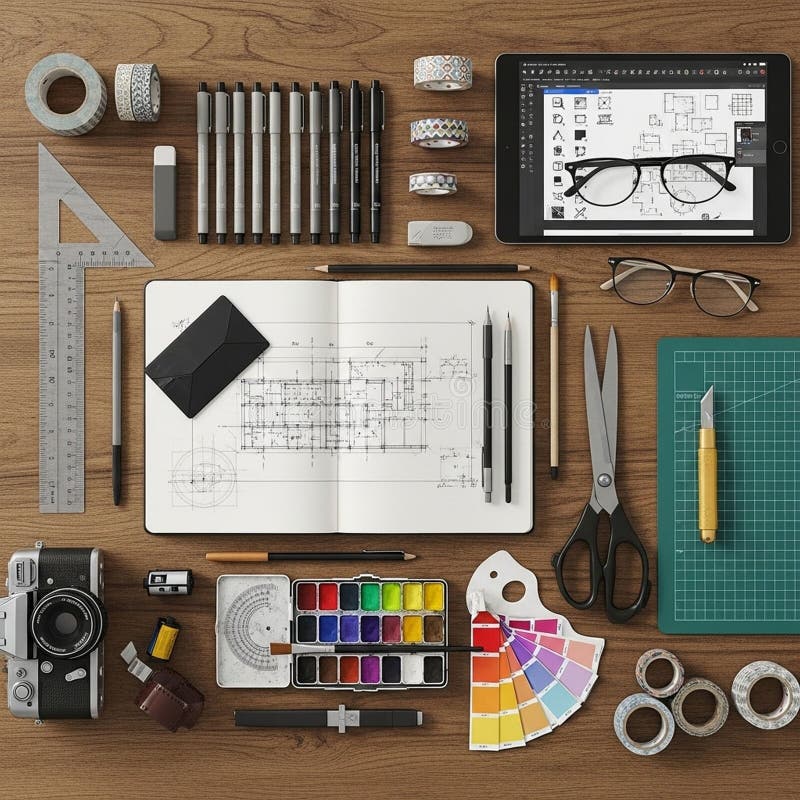 An open notebook with architectural drawings surrounded by an array stock illustration