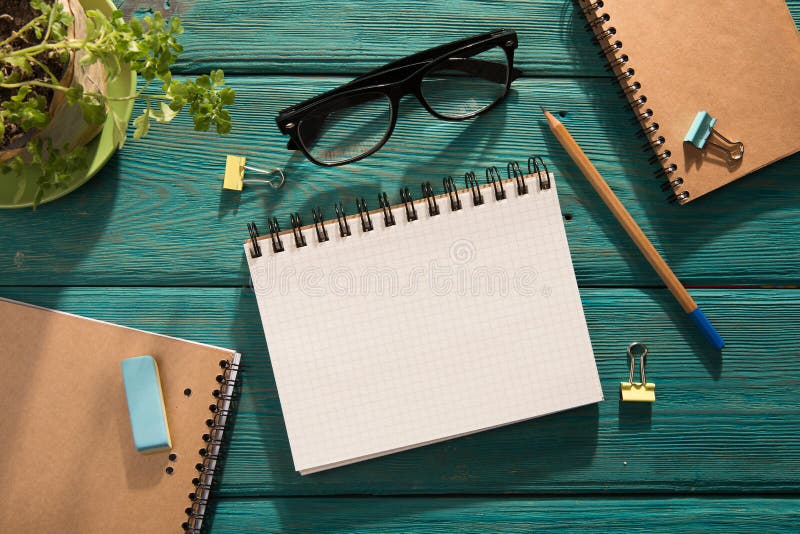 Open Notepad and Office Supplies Stock Photo Image of copyspace