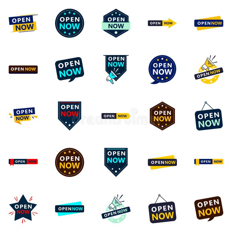 Open Now Sign Pack 25 Editable Designs Stock Vector Illustration of