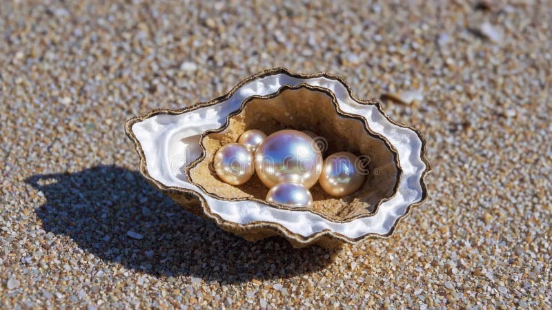 Open oyster shell with multiple pearls on sandy beach, ocean treasure concept stock illustration