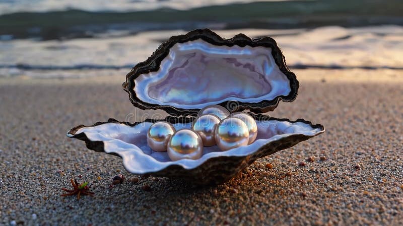 Open oyster shell with pearls on sandy beach, coastal beauty and ocean treasure concept vector illustration