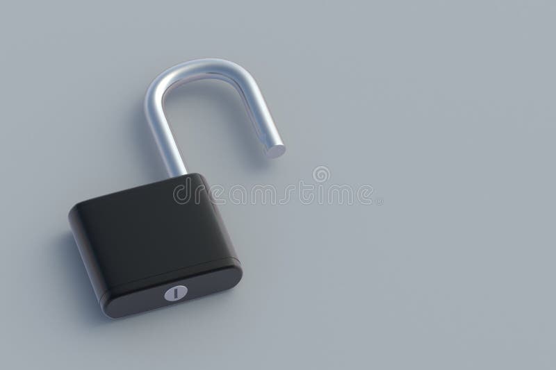 Open padlock on gray background. Copy space. 3d render