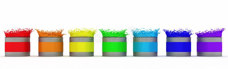 Open paint cans with splashes of rainbow colors. stock illustration