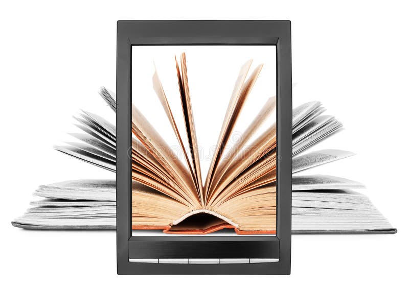 Open paper book flipping pages on electronic book display white background isolated close up, textbook turning pages e-book screen royalty free stock photos