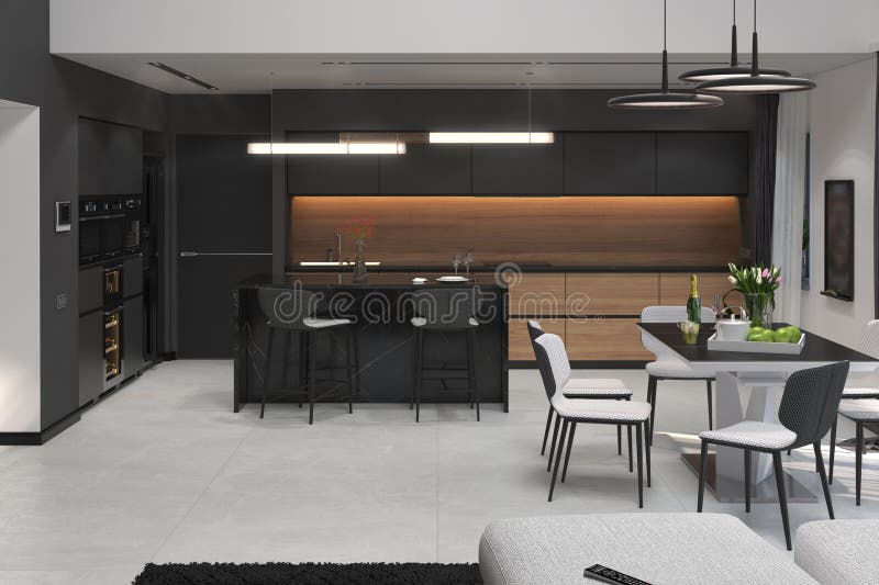 Open Plan Living Room Arranging, Matching with Kitchen, 3D Render Stock