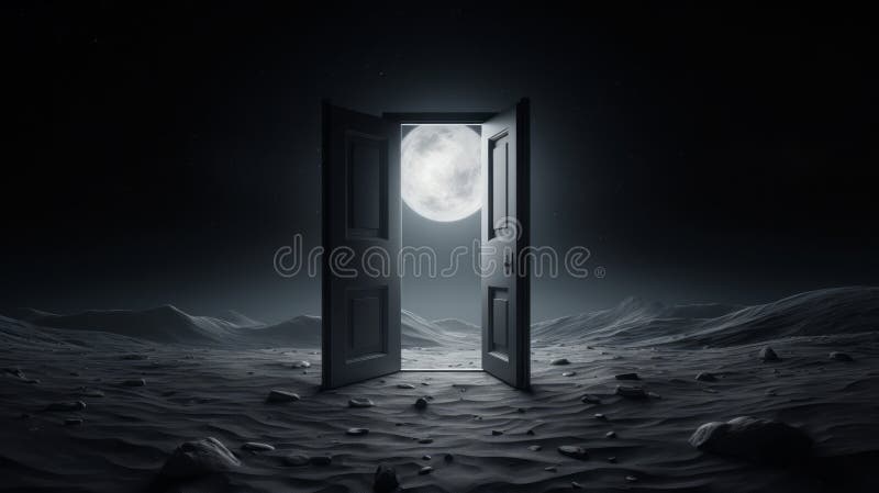 An open portal on a desolate moonscape with the Earth's moon in view. Concept of interstellar travel, cosmic gateway royalty free stock images