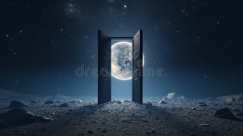 Open portal on a desolate moonscape with the Earth's moon in view. Concept of interstellar travel, cosmic gateway stock images
