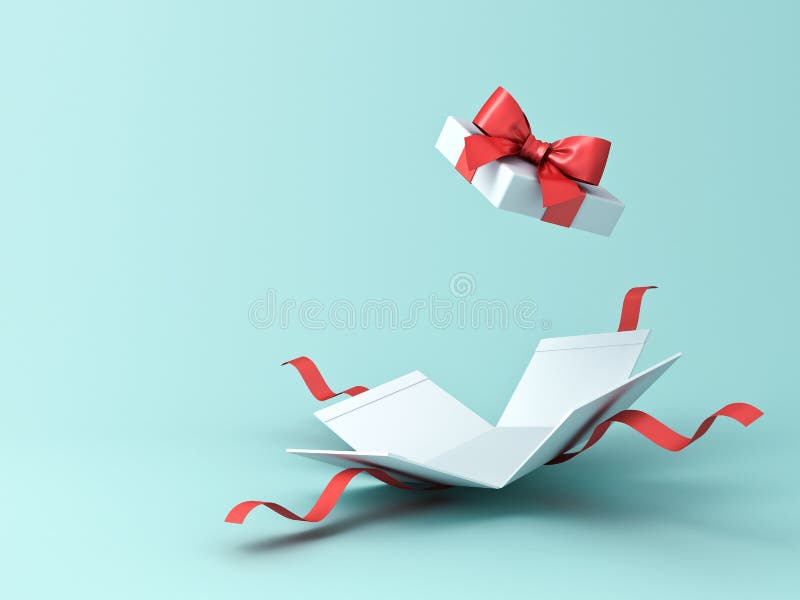 Open present box or gift box with red ribbons and bow isolated on green blue pastel color background