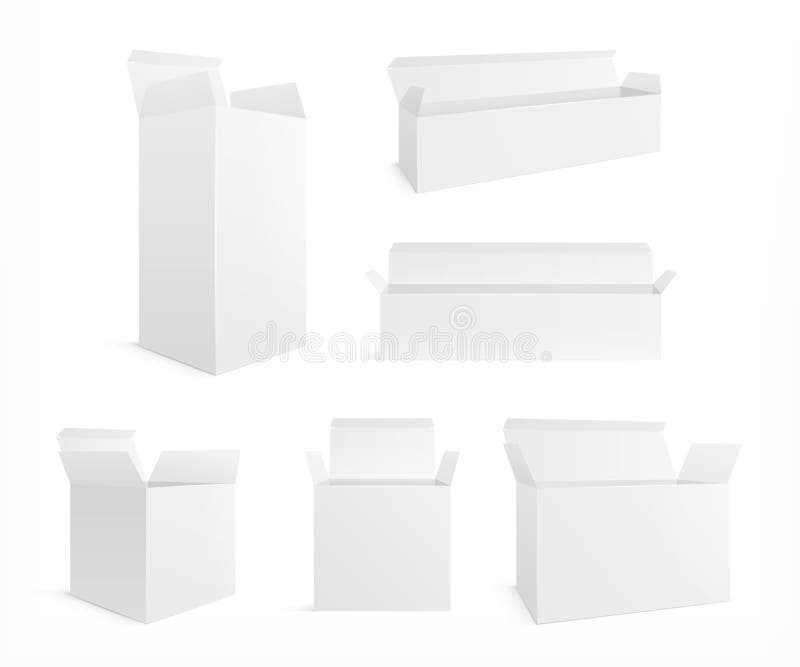 Open realistic box. White carton opening boxes. Blank cosmetic pack and container mockup. Isolated blank medicine or royalty free illustration