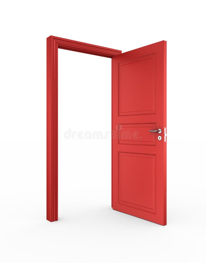 3d rendering of a red open door standing on a white floor. 3d rendering of a red open door standing on a white floor