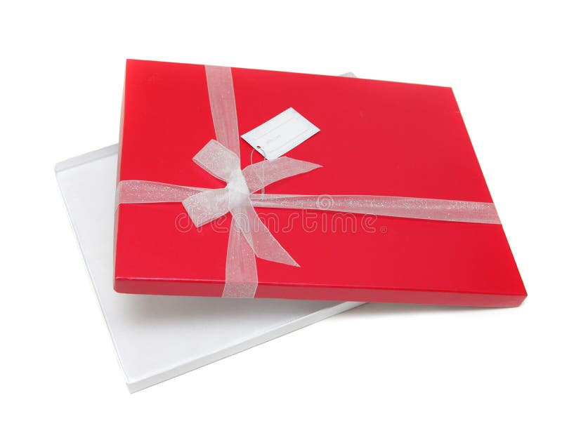 Open red gift box with ribbon bow and message tag.