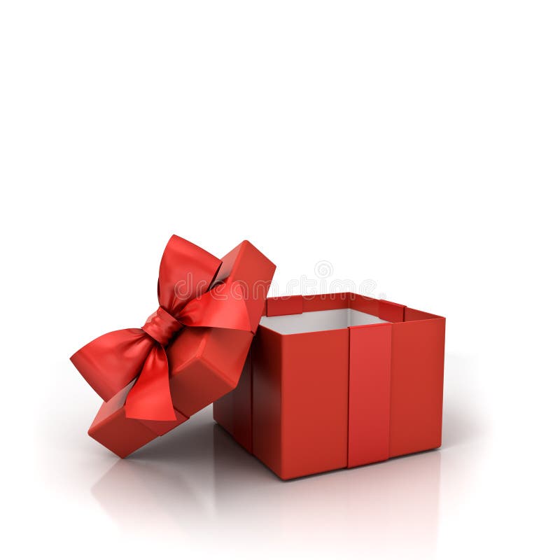 Open Red Gift Box or Blank Present Box with Red Ribbon Bow Isolated on
