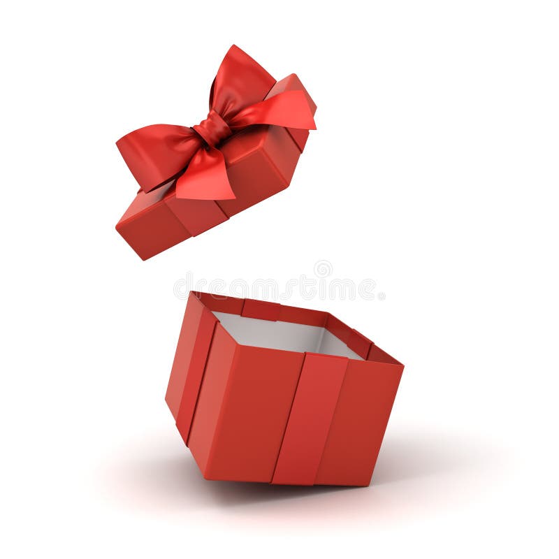 Open red gift box or blank present box with red ribbon bow isolated on white background